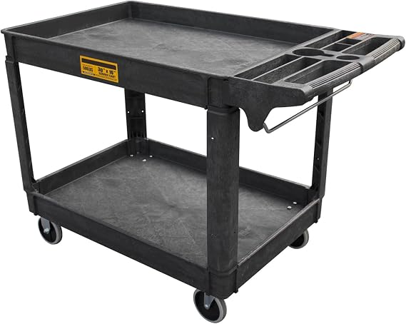 Utility Service Cart, 2-Shelf 500LBS Heavy Duty Plastic Rolling Utility Cart with 360 Swivel Wheels, Lipped Shelves, Ergonomic Storage Handle for Warehouse/Garage/Cleaning/Manufacturing