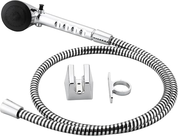 RV Shower Head with Hose, Outdoor Shower, Non-Metallic Outdoor RV Shower Kits Replacement, Camper Shower Head Kits with Hose Guide and Shower Wand Bracket Holder (Chrome)