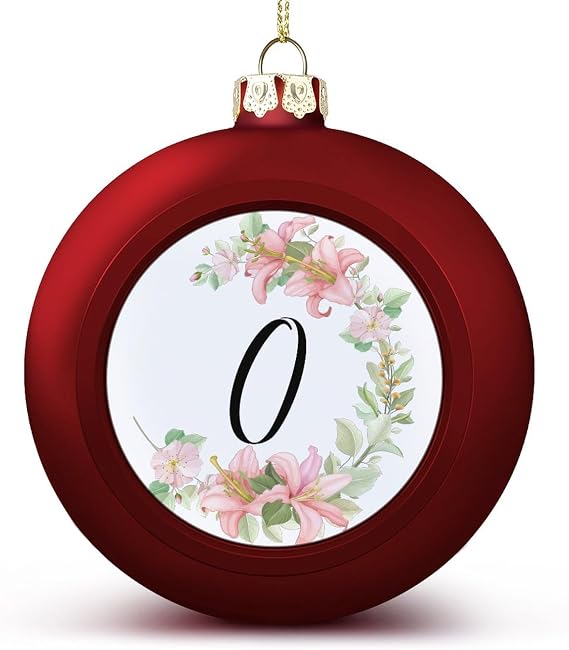 Red Christmas Ball Ornaments, Pink Lily Floral Monogram Letter Initial O Ball Ornament for Christmas Tree Pendant New Year Seasonal Holiday Decoration Xmas Keepsake Wedding Gifts for Friends