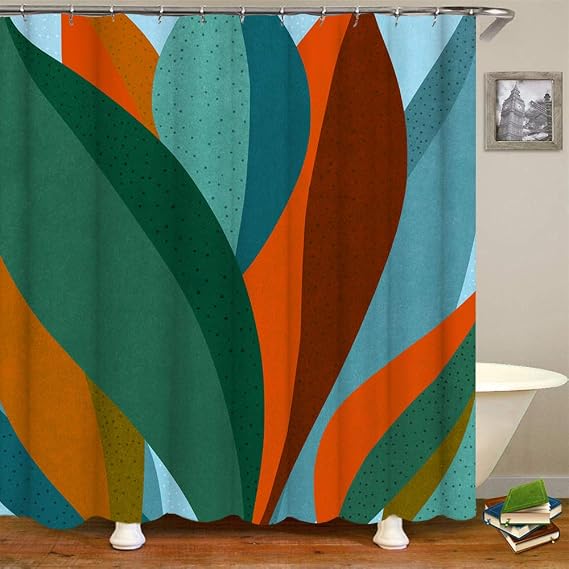 RnnJoile Abstract Leaves Shower Curtain Cloth Tropical Palm Leaf with Dots Print Bath Curtain Green Orange Bathroom Decor with Hooks 72"72" Unisex