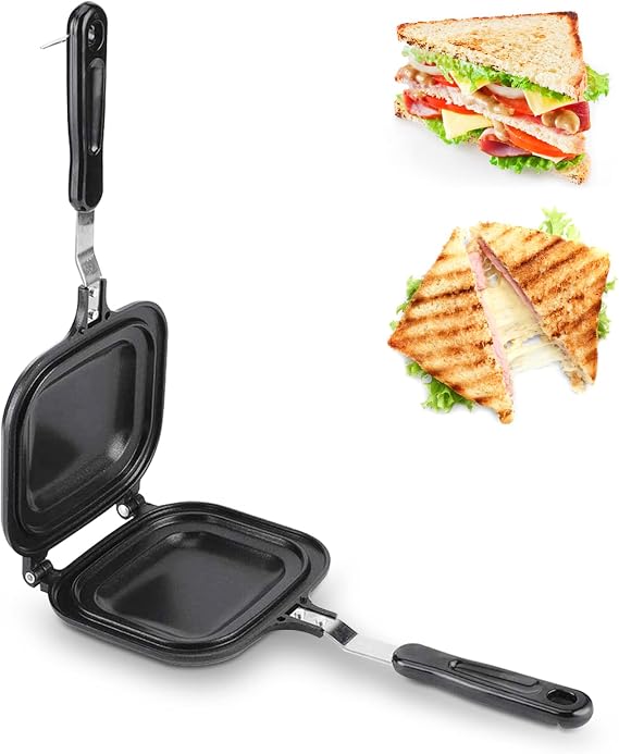 Grilled Sandwich Maker, Nonstick Aluminum Double Sided Grilled Sandwich Panini Camping Toastie Maker Portable Flip Pan for Breakfast Pancakes, Toast, Omelets