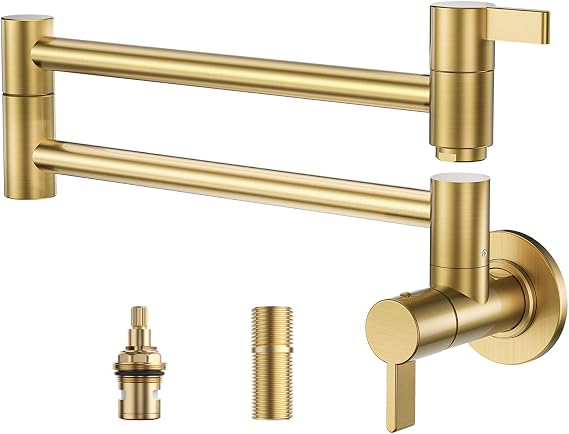 Brushed Gold Pot Filler Faucet, ARCORA Modern Pot Filler Wall Mount Folding Faucet 2 Handle with Double Joint Swing Arms Brass Stove Fixture