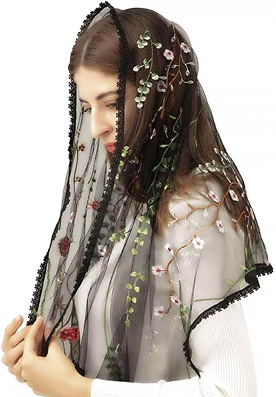 Infinity Veil Vintage Inspired Wrap Veil Mantilla Chapel Veils Latin Mass Flower Embroidered Lace Head Covering Scarf