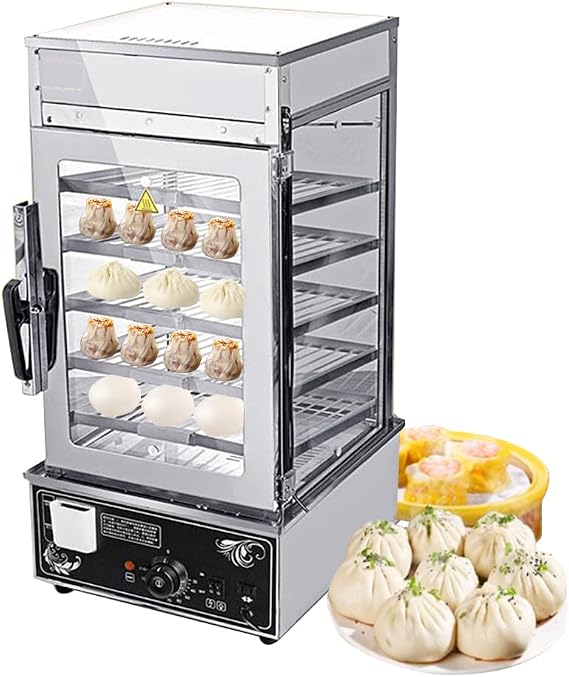 INTBUYING Commerical Bun Steamer Machine 110V Electric Hot Food Warmer Display Case Hot Dog Steamer Warmer with 5 Layers Automatic Temperature Control for Steamed Bun, Steamed Bread, Baozi Buffet