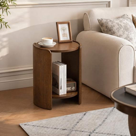 Walnut Wood 2 Tier Side Table, 15.5" Round End Table with Storage Shelf | Farmhouse Small Wooden Nightstand Plant Stand, Modern Mid Century Bedside Table for Living Room, Bedroom, Apartment, Office