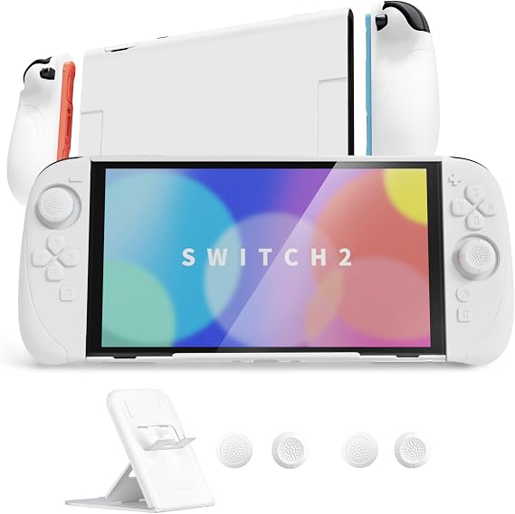 PlayVital Ranger Grip Case for Nintendo Switch 2 with Stand | Ergonomic Anti-Slip Silicone Grips, Dockable Hard Shell, 4 Thumbstick Caps | Quick-Release-Joycon Design Full-Body Protective Cover, White