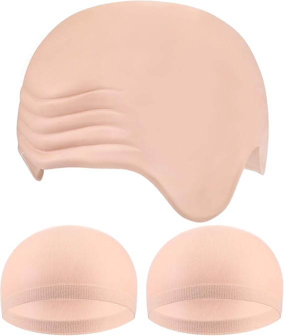 WILLBOND 3 Pcs Halloween Bald Cap Set, 1 Latex Bald Cap 2 Nylon Head Caps