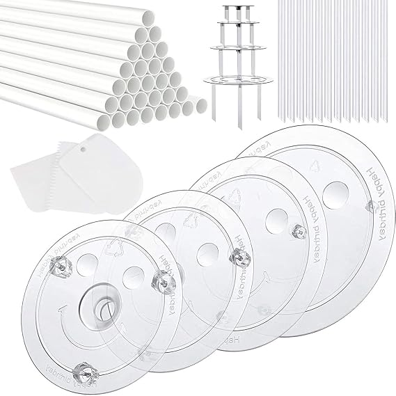20 Plastic Cake Sticks Support Rods and 12 Clear Cake Stacking Dowels with 4 Cake Separator Board for 4, 6, 8, 10 Inch Cakes and 3 Pieces Cake Scrapers-Plastic Cake Dowel Rods Set