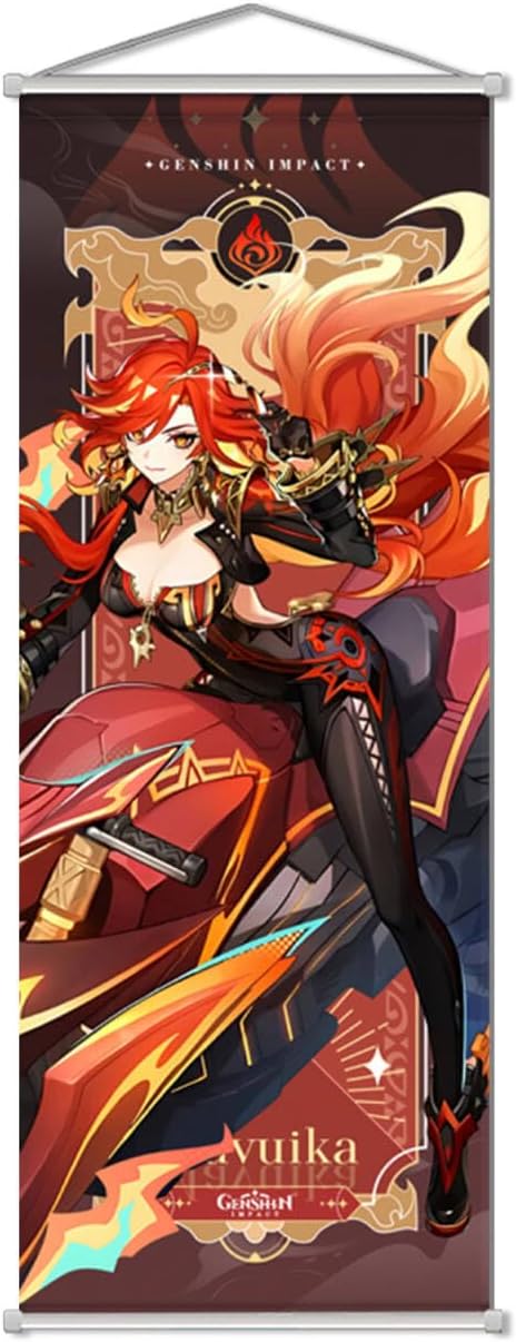 Rainteam Anime Poster Game Hanging Wall Art Artistic Canvas Genshin Character Posters with Rods for Living Room Bedroom Decor(29.5 inch x 11 inch) (Mavuika)