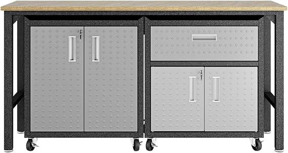 Manhattan Comfort Fortress 3-Piece Textured Garage Storage Set, Includes Mobile Metal Cabinet Chests and Worktable, Space-Saving Design, 25 Gauge Metal, Lockable Wheels, 2.0 Series, Grey