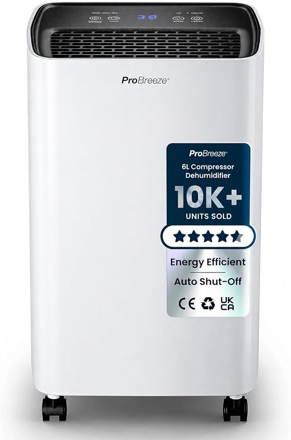 Pro Breeze 6L Compressor Dehumidifier with 2L Water Tank, Laundry Drying & Automatic Humidity Sensor - Portable Mould Remover with 24-Hour Timer for Damp, Black Mould and Condensation