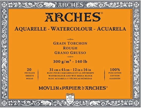 Arches Watercolor Paper Block, Rough Surface, Natural White, 12 x 16 Inches, 140 lb (300 GSM), 20 Sheets, 100% Cotton Artist Pad for Watercolor, Gouache, Ink & Mixed Media