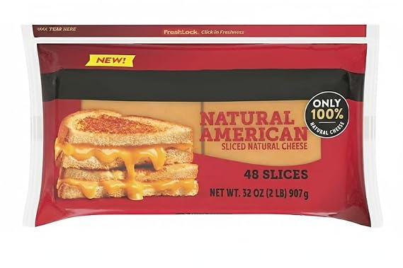 Natural American Cheese Slices , contains 9 ingredients or more, you can get the melt you love and the taste you crave with only 100% natural cheese. Its a new standard that meets your expectations and makes a difference you can taste. This package contains 48 slices and is perfect for grilled cheese, burgers, and breakfast sandwiches. [ 32 oz , 2 lbs ] .