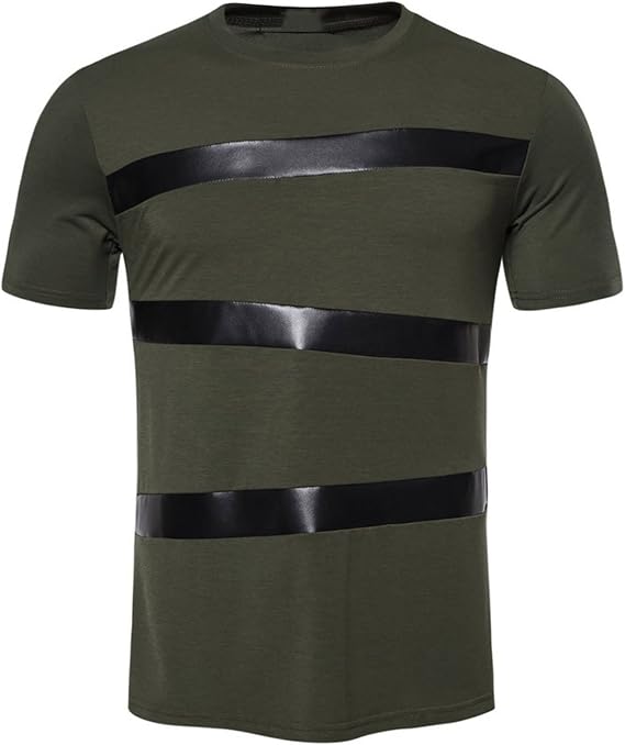 Mens Hipster Hip-Hop Leather Patchwork Striped Tees - Street Fashion Streetwear Stylish Hippie Short Sleeve T-Shirt