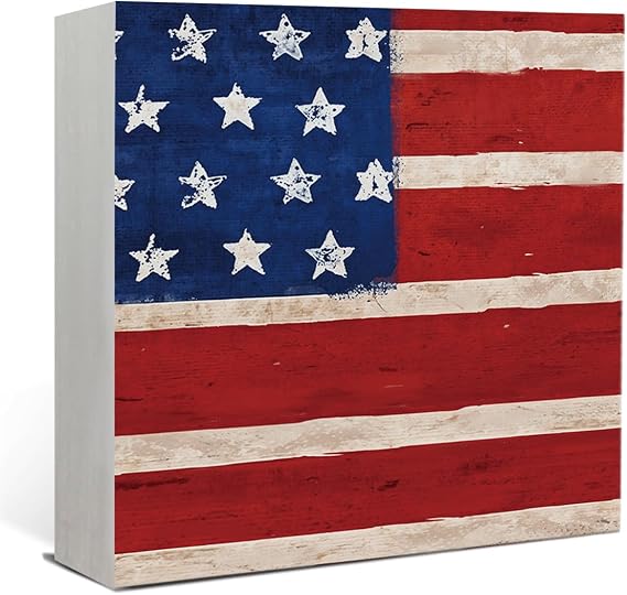 Lacama Patriotic Decor July 4th Sign, Independence Day Patriotic Labor Day,Red White Blue Star Wooden Box Sign for Home Wall Dining Table Party Office Living Room Bedroom, Decor 5 x 5 Inch