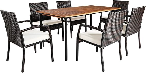 Tangkula 7 Pieces Patio Dining Set, Acacia Wood Wicker Dining Furniture Set with Sturdy Steel Frame & Umbrella Hole, Outdoor Dining Table Chair Set with Removable Cushions for Backyard, Garden