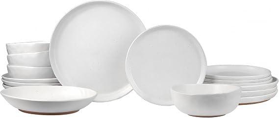 Sango 16-Piece Boho Farmhouse Stoneware Dinnerware Set for 4, Semi-Matte White Plates and Bowls Sets with Rustic Speckled Glaze, Ceramic Dish Set, Modern Dishes, Microwave & Dishwasher Safe, Kaya