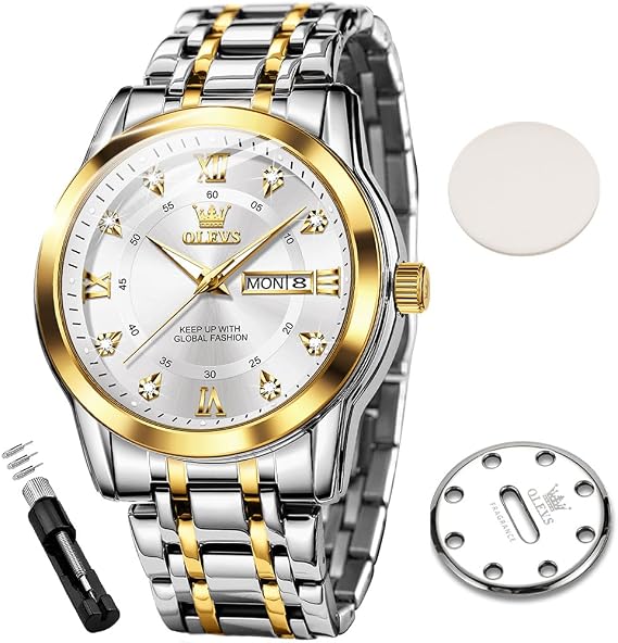 OLEVS Mens Diamond Luxury Dress Stainless Steel Waterproof Luminous Watch
