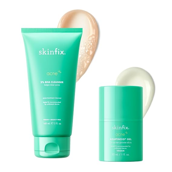 Skinfix 2% BHA Cleanser (5 oz) + Adapinoid Gel (1 oz) - Safe for All Types of Acne - Fragrance Free - Vegan, Cruelty Free