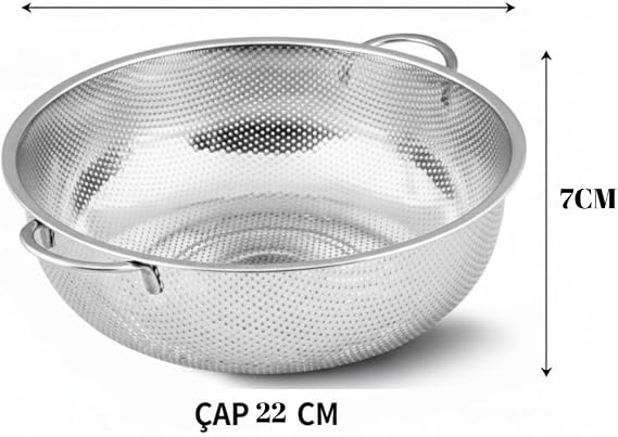 Premium 22 cm Paslanmaz Çelik Mutfak Süzgeci, Çift Kulplu Metal Pirinç ve Bakliyat Yıkama Kabı, Isıya Dayanıklı Delikli Sebze Meyve Süzme Kasesi (Gümüş)