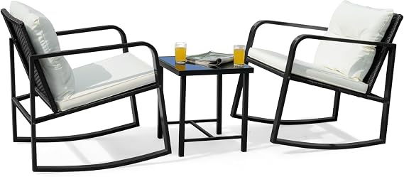 Flamaker Patio Chairs 3 Piece Wicker Rocking Chair Bistro Sets, White