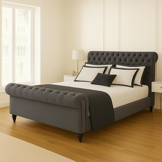 Bed Croft Chesterfield Sleigh Bed - Upholstered in Plush Velvet Fabric - Mattress/Gas Lift Option - Uk Made - Double/King/Super King (Slate Plush, Small Double 4ft Bed Frame)