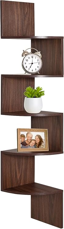Greenco Corner Shelf, 5 Tier Floating Shelves for Wall, Easy-to-Assemble Wall Mount Corner Shelves for Bedrooms and Living Rooms, Rustic Walnut Finish