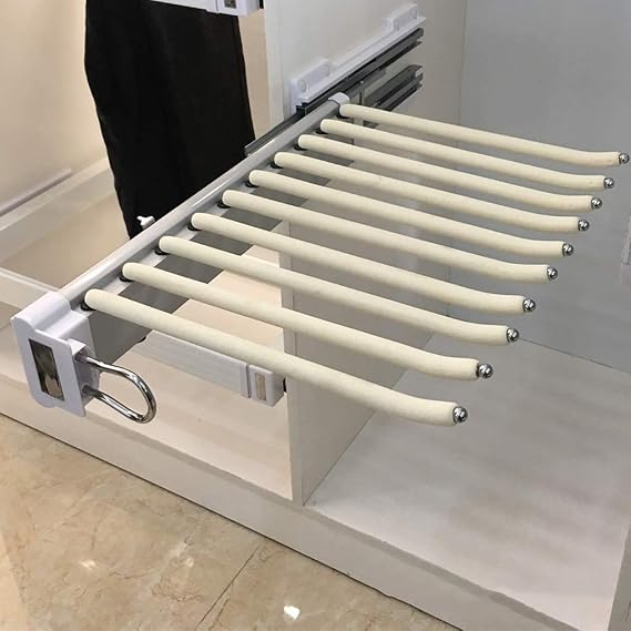 Closet Pull Out Trousers Rack Wardrobe Organizer Storage Rack Push-pull Hanger for Storing 10 Pants Jeans Scarf,SGS Certified Damped Sliding Rail-White