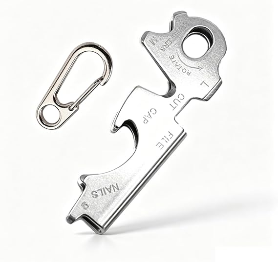 8-in-1 Stainless Steel EDC Keychain Multitool with Tweezers, Screwdrivers, Bottle Opener, Rope Cutter & Nail File, Key Sized Mini Tool for Home Camping Daily Carry, 1 Pack (Silver)