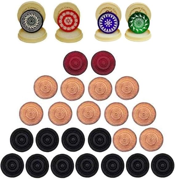 Carrom Board Wooden Coins and Tournament Striker Professional Set, (24 Carrom Board Pieces + 4 Striker Random Design with Case) White/Red/Black