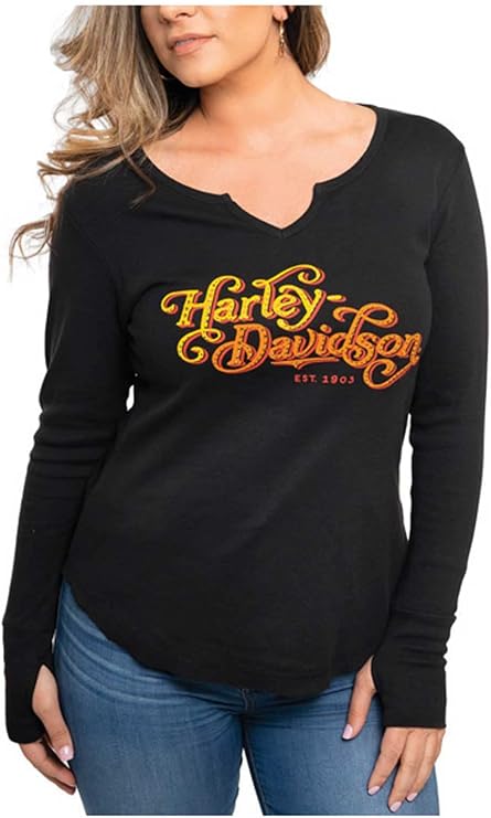 Harley-Davidson Women's Embellished Retro Swirls V-Neck Long Sleeve Shirt, Black