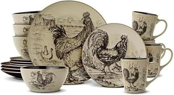 Pfaltzgraff Homespun Rooster 16-Piece Dinnerware Set, Service for 4 Brown