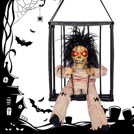 Screaming Animated Hanging Halloween Decorations Outdoor Indoor,Halloween Decor Animated Screaming Scary Talking Ghost,Motion Sensor Skeleton Decor,Hanging Cage Prisoner Prop for House Party (02)