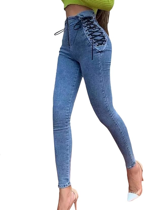 iticat Women's Bandage Legging Pants High Wasit Side Criss Cross Lace Up Jeans Bodycon Skinny Denim Pencil Trousers