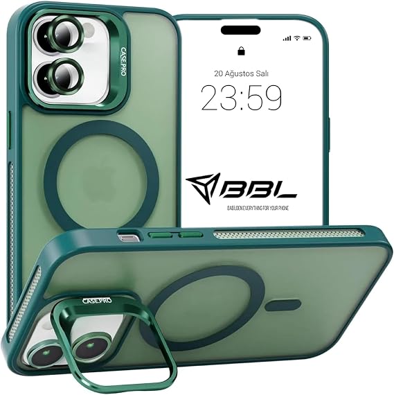 Babilden iPhone 17 için Kılıf Kamera Korumalı Magsafe Wireless Şarj Özellikli Mat Şeffaf Yeşil Renkli Standlı Lens Hediyeli PC Malzeme