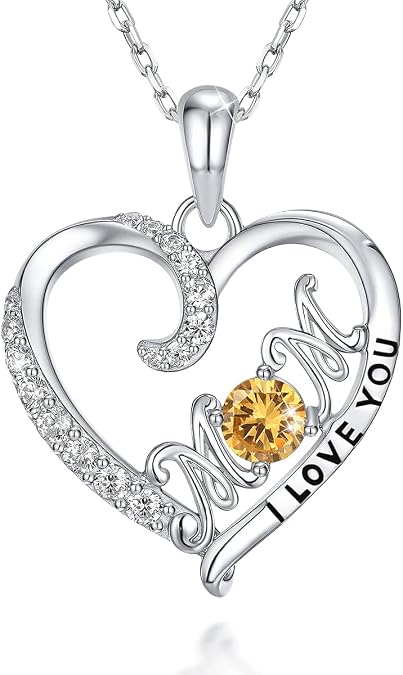 Love Heart 925 Sterling Silver Necklace, Gold Plated Birthstone Pendant Mom Necklaces with Cubic Zirconia for Mother Women
