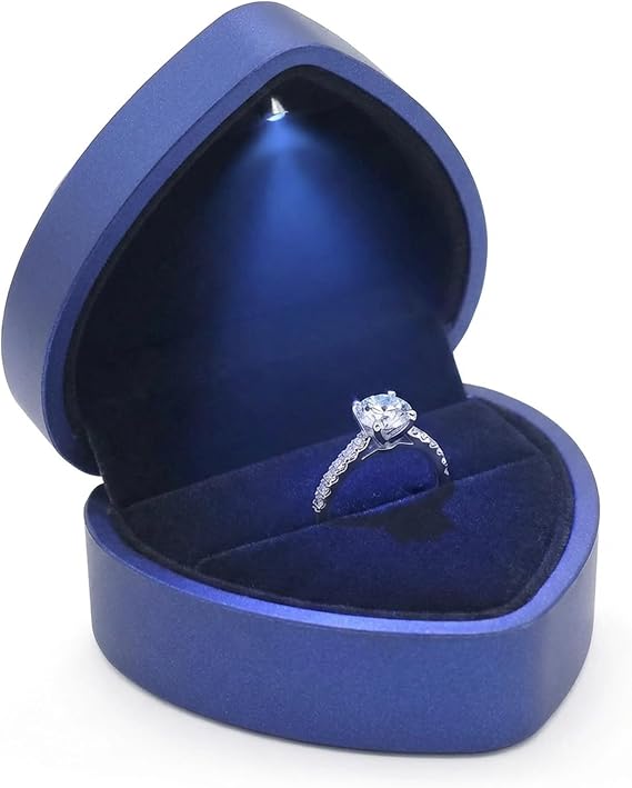 LED Lighted Heart Shape Engagement Ring Box Luxury Ring Case with Automatic Light, Romantic Jewelry Gift Box for Proposal, Wedding, Anniversary, Ceremony (Blue)
