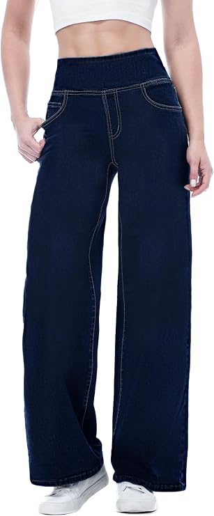 Pull on Wide Leg Jeans for Women, High Waisted Stretchy Baggy Trendy Tummy Control Straight Leg Jeans Denim Pants