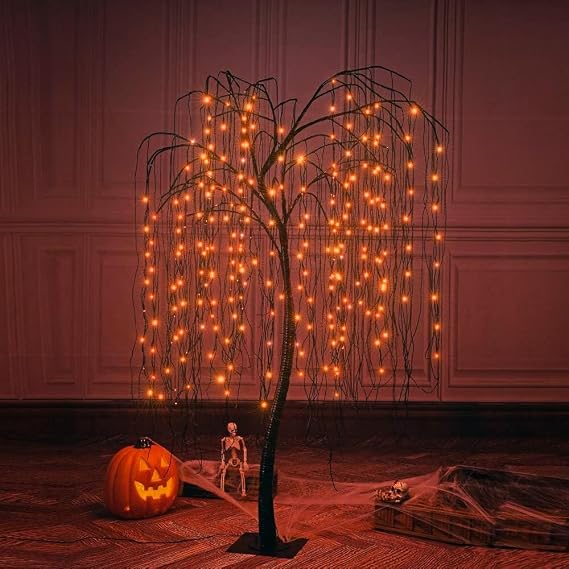 LIGHTSHARE 7 Feet Halloween Tree, 256 LED Lights for Home, Festival,Nativity,Party, and Christmas Witch Decoration,Includes Spiders and White Cobweb,Indoor and Outdoor, Orange
