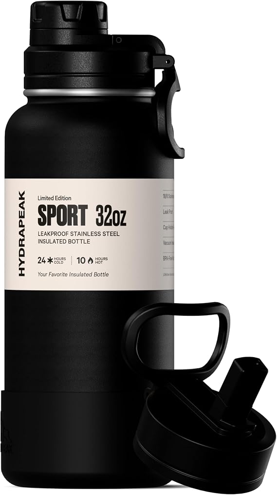 Hydrapeak 32oz Sport Insulated Water Bottle with Straw & Bonus Chug Lid, Leak & Spill Proof, Keeps Drinks Cold for 24 Hours, Premium Stainless Steel (Black)