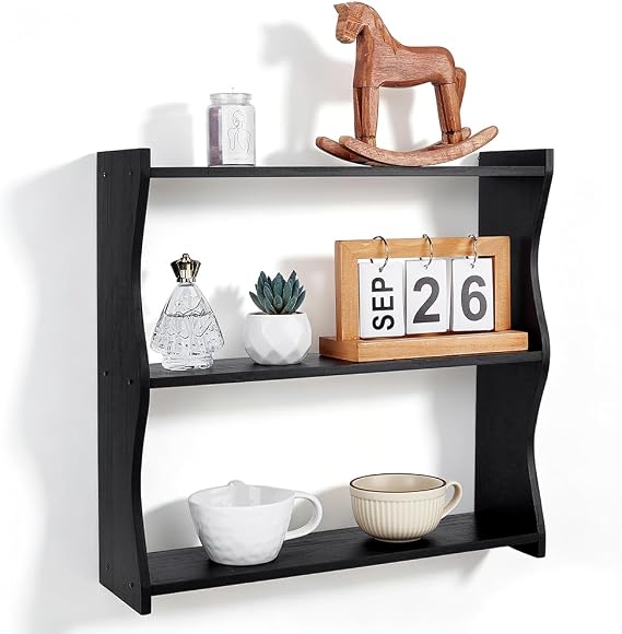 PH PandaHall 3-Tier Wood Wall Shelf, Black Floating Shelves Hanging Storage Shelf Wall-Mounted Shelves Bookshelf for Apartment Bedroom Bathroom Kitchen Home Office, 17.3x5.1x16.9 inch
