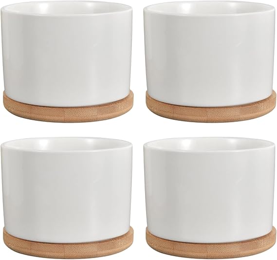 Ceramic Plant Pots 9 cm Small Pot with Wooden Tray for Succulent Plants Indoor Plants Set of 4 White