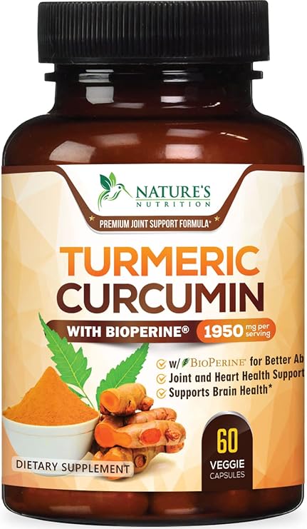 Turmeric Curcumin Supplement 95% Curcuminoids 1950mg with Organic Turmeric & BioPerine Black Pepper Extract for Best Absorption, Natural Vegan Joint Support, Non-GMO, Bottled in USA - 60 Capsules