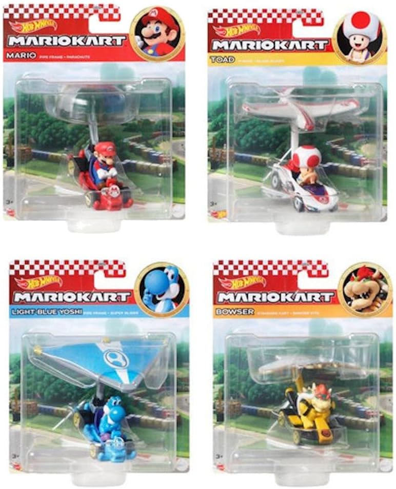 Hot Wheels Mario Kart Character Glider - 4 Pack: Bowper, Light Blue Yoshi, Mario & Frog | Diecast Figure with Glider Attachment | Display & Play Toy GVD30-956M