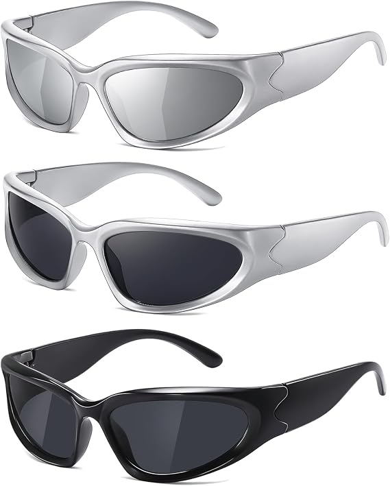 JASPIN Y2K Wrap Around Sunglasses for Women Men Sliver Oval Fashion Trendy Sport Shades UV Protection Eyeglasses