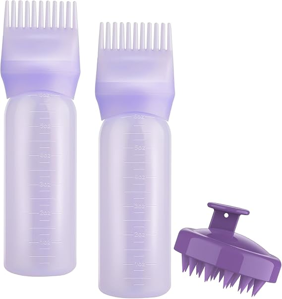 Root Comb Applicator Bottle with Scalp Massager Brush Comb 3 Pack Hair Dye and Scalp Treatment Tools (Purple)