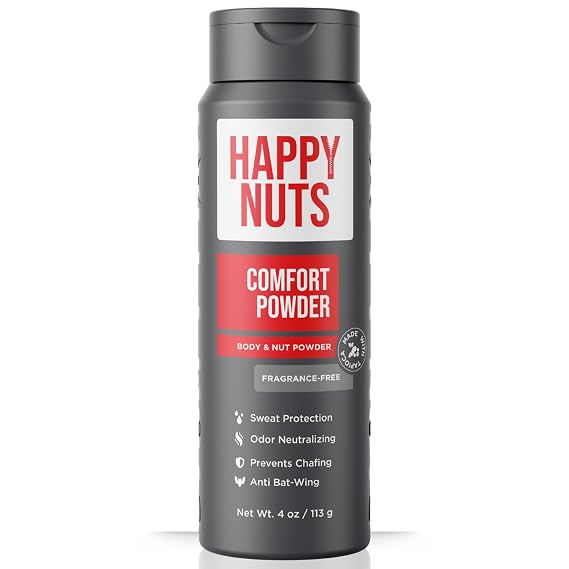 HAPPY NUTS Comfort Powder Deodorant For Men: Anti-Chafing, Sweat and Odor Control, Aluminum-Free, Ultimate Travel Essential for Men's Private Parts 4 oz (1 Pack), Fragrance-Free