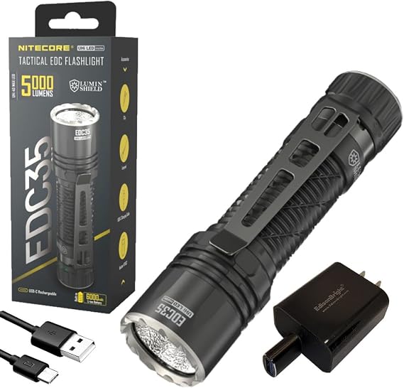 EdisonBright Nitecore EDC35 5000 Lumen LED USB-C Rechargeable Powerful Flood/spot Beam Tactical Flashlight, Battery, Paracord Lanyard Charging Adapter