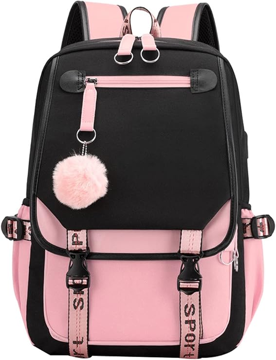 JiaYou Teenage Girls' Backpack Middle School Students Bookbag Outdoor Daypack with USB Charge Port (21 Liters, Black Pink)