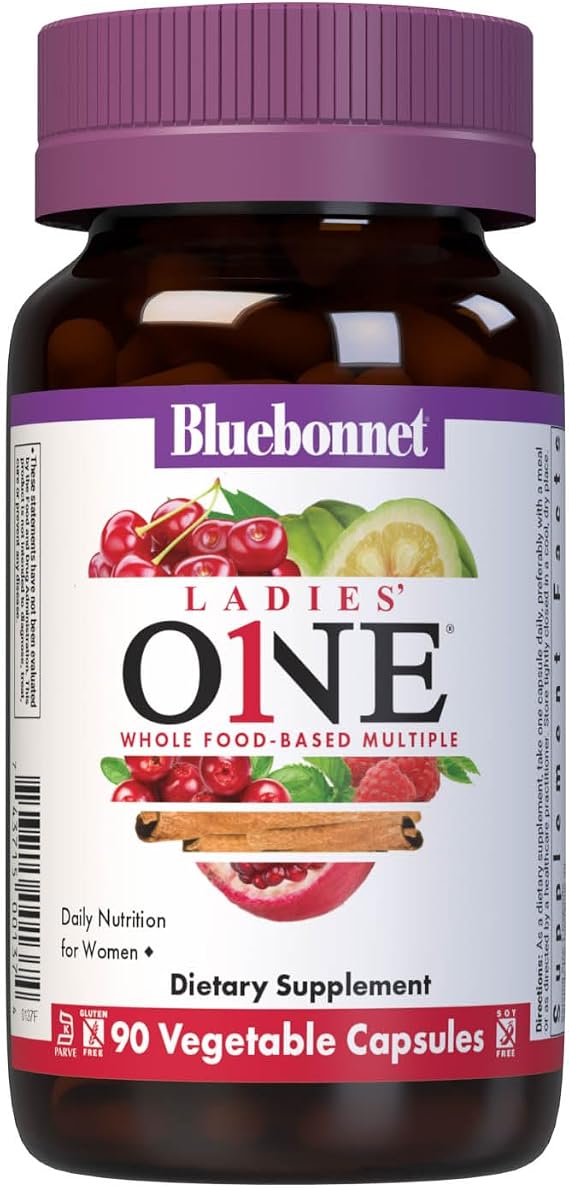 Bluebonnet Nutrition Ladies One Vegetable Capsule, Whole Food Multiple, K2, Organic Vegetable, Energy, Vitality, Non-GMO, Gluten Free, Soy Free, Milk Free, Kosher, 90 Vegetable Capsule, 3 Month Supply